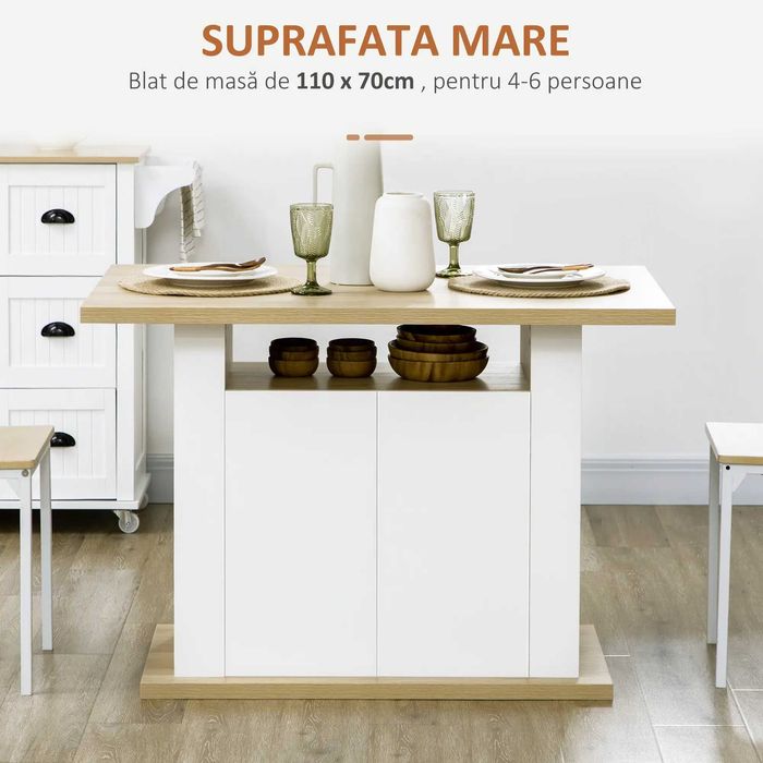 Insula de Bucatarie 4-6 persoane , cu dulapuri , Alb si Lemn , HOMCOM