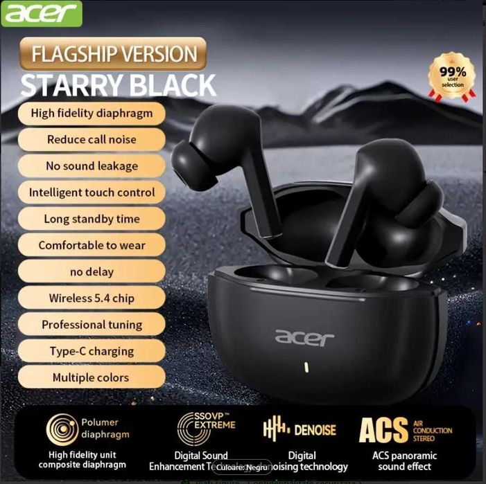 Casca Wireless Acer – Bass Puternic, Stereo + Anulare Zgomot