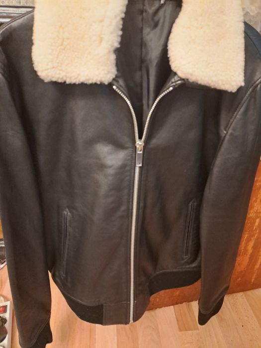 Geaca de piele naturala Aviator Zara cu guler detasabil blană ,L-XL