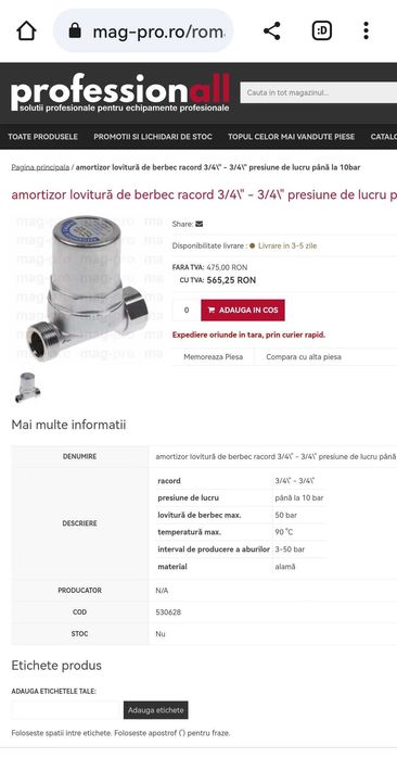 Amortizor lovitura berbec instalații sanitare CALEFFI original nou bon