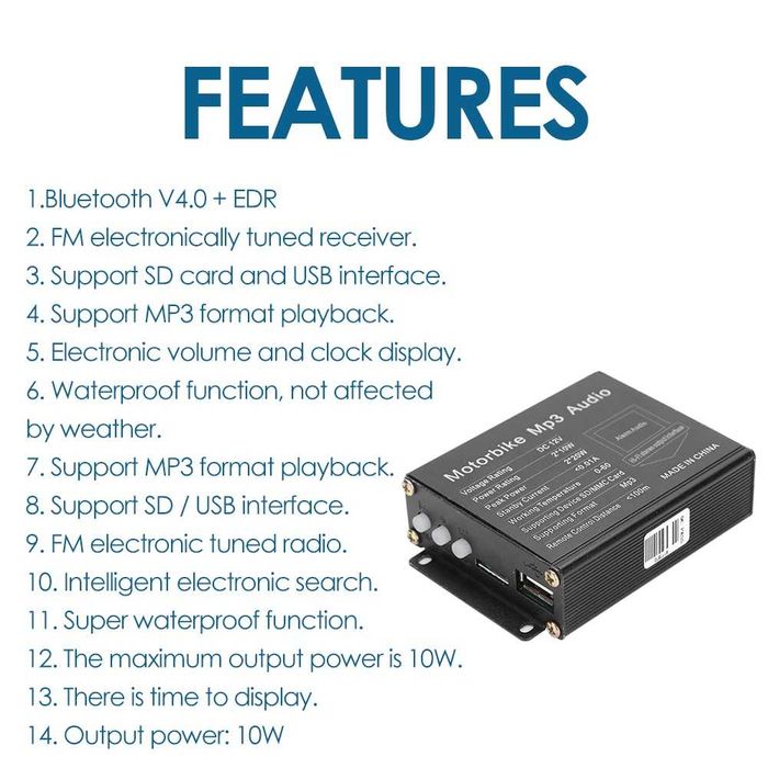 Sistem audio moto/scuter/atv Bluetooth/MP3/FM Radio/Alarma