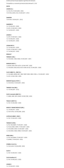 Pompa de apa originala, Dacia Renault,pentru motoarele 1.2 16V,benzină