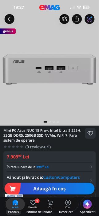 Mini PC ASUS NUC 15 Pro Slim - Intel Core Ultra 5 225H, 32GB DDR5, 512GB SSD NVMe, Wi-Fi 7, GARANTIE EMAG 36 Luni pt BAREBONE