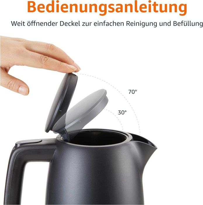 Кана Amazon Basics 1.7 л, 2200 W, без BPA с 360° основа, автоматично изключване и подвижен филтър за котлен камък, матово черно