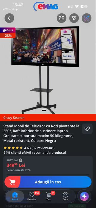 2 standuri mobile TV cu roți 360°, metal negru, cu raft laptop, max. 50 kg