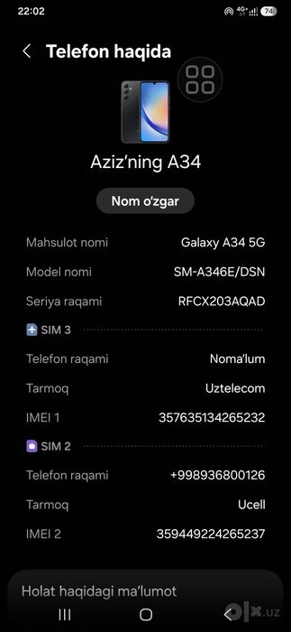 Samsung a 34 5g telefoni ishlashi gap yoq qotmedi 6 ga 128ta li xotira