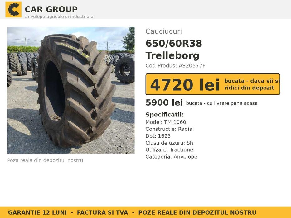 Cauciucuri Anvelope 650/60R38 650/60 R38 650 60 R38 6506038 Trelleborg Tractor Punte Spate Tractiune SH Second Hand LIVRARE Garantie 1 An Factura TVA