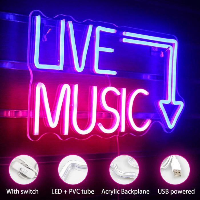 LED неонова табела Live Music
