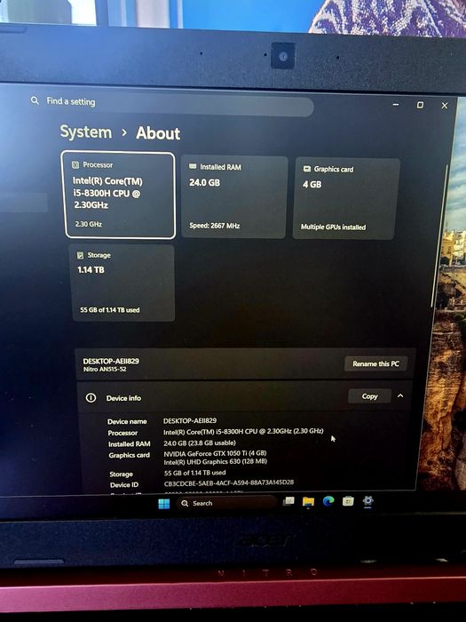 Геймърски лаптоп Acer Nitro 5- i5, 24gb, gtx1050ti/ 256gb nvme, 1Tb hdd