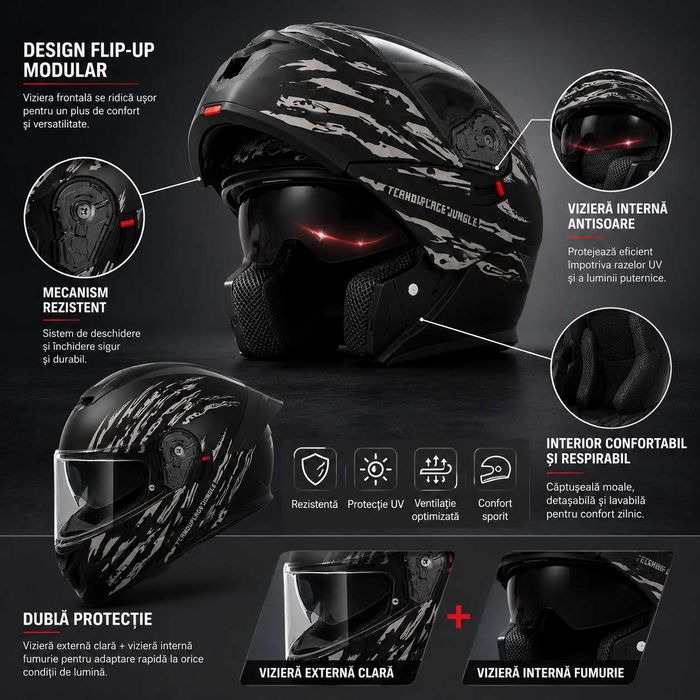 Casca Moto/Scuter Flip-Up, Viziera Dubla, Modulabila, Negru Camo