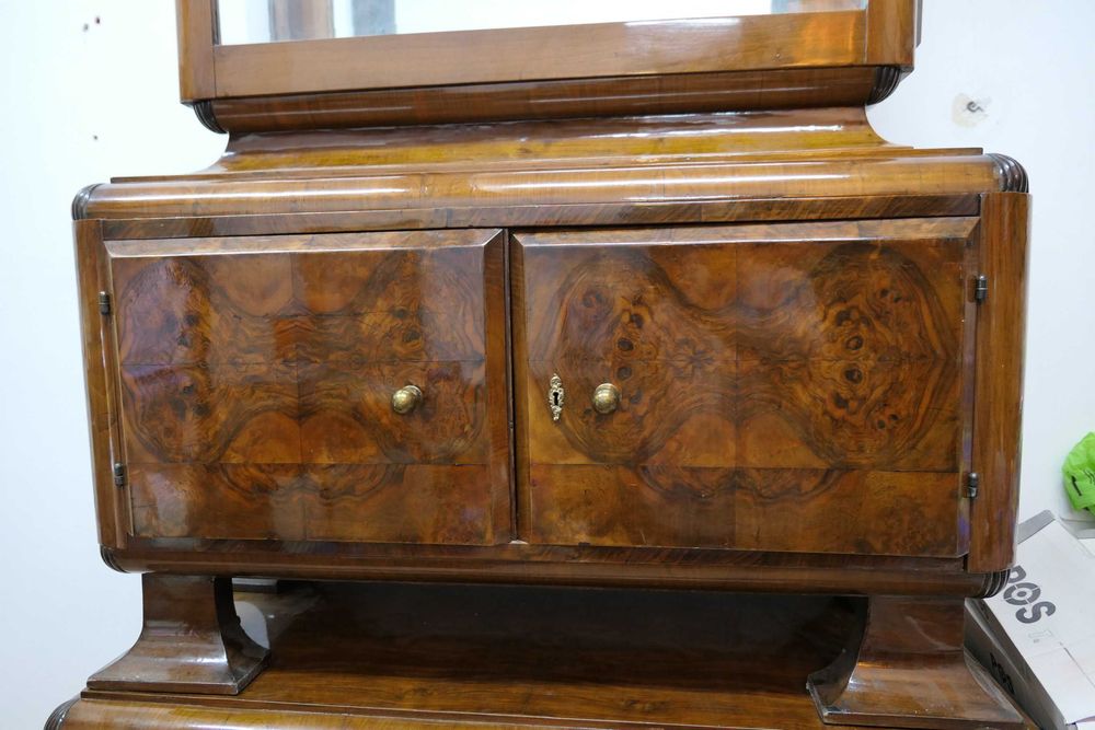 Mobila Veche Lemn Art Deco Bufet Comoda Vitrina Oglinda Bronz