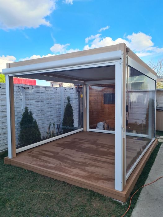 Vand pergola Mobexpert si rulouri transparente PVC, dimensiuni 3m si 4m pe inaltime 2.30m