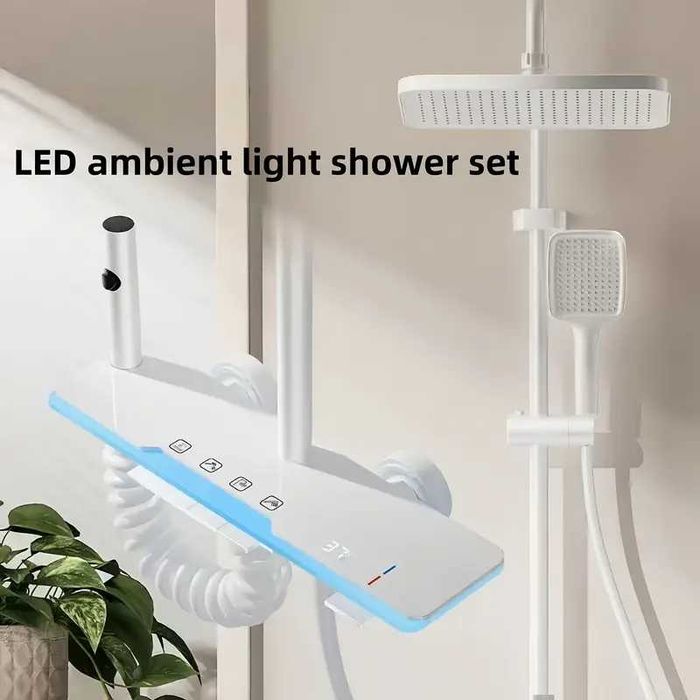 Бяла Душ система с термостатен смесител 4 бутона дисплей функция дъжд