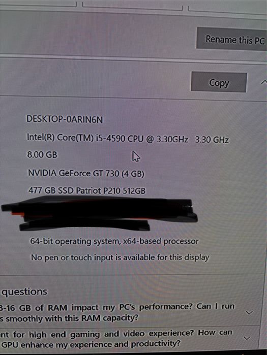 Vand pc gaming 8gb ram,i5-4590 CPU placa NVIDIA GT730,500GB SSD