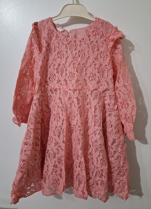 Дантелена детска рокля с панделка - Розова, 3-4 г.