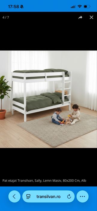 Pat etajat din lemn, alb, 90x200cm cu saltele incluse