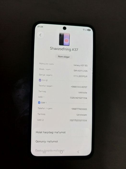 Samsung a37 5G 6/128 oxiri 2mln 500 bo‘lsa sotiladi taqalgani
