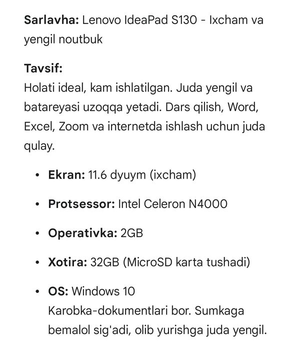 Yaxshi holatda, 
O‘qish, ofis va internet u
