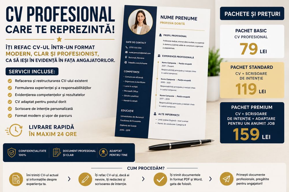CV profesional, CV modern, CV + scrisoare de intenție, livrare 24h
