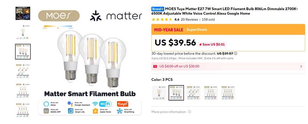 3 becuri inteligente WiFi Tuya/Matter Moes 806 lm 2700-6500K E27 retro