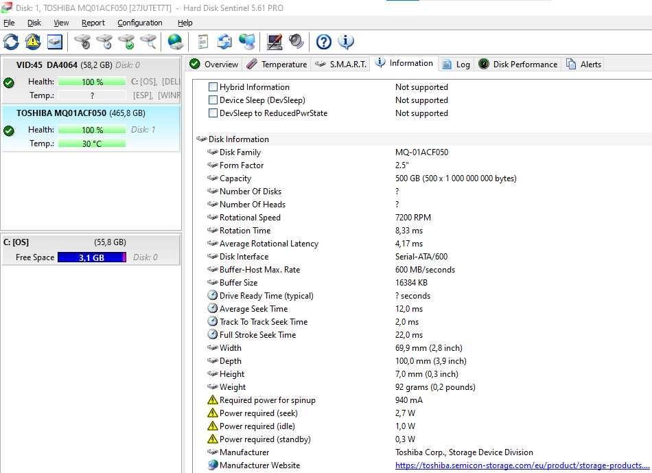 500GB хард диск Toshiba, HDD, 2.5", SATA3, 7200 RPM, 100%