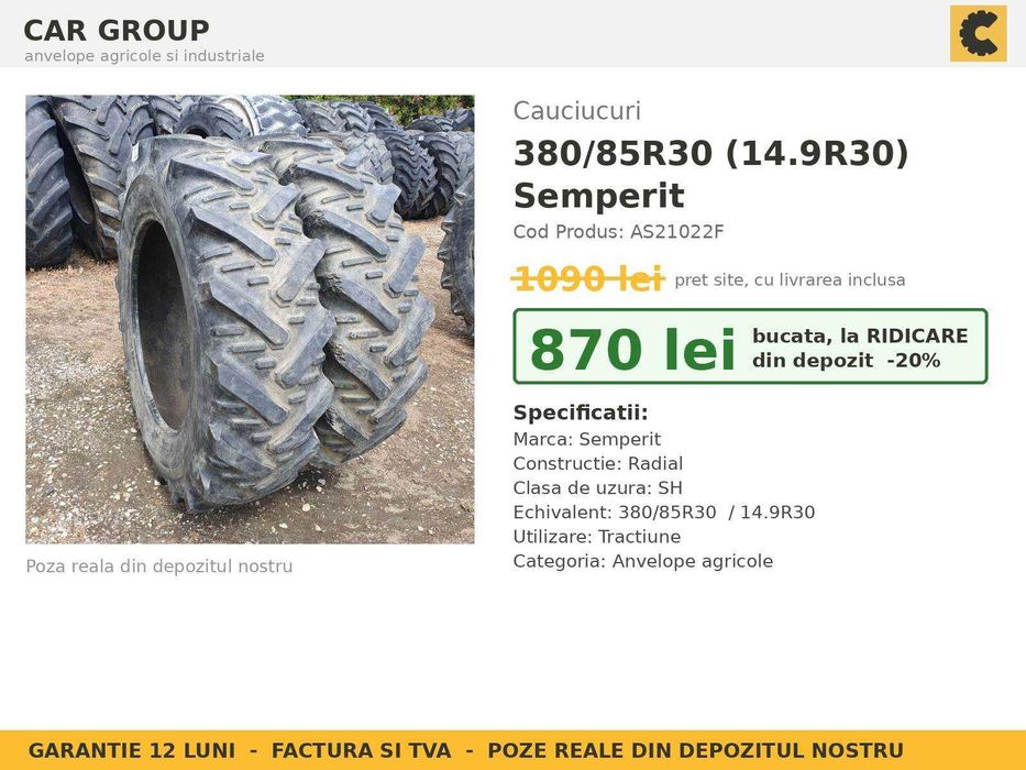 ANVELOPE 14.9R30 14.9-30 380/85R30 Semperit Cauciucuri Tractor Spate U650 Zetor Fiat 2 BUCATI SH GARANTIE Factura