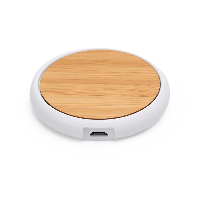 Încărcător wireless cu corp din ABS alb și bambus