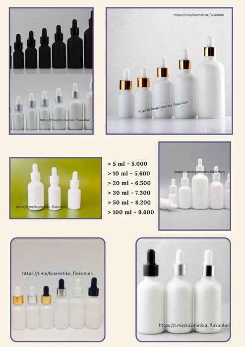Kosmetika uchun shisha flakonlar va pipetkalar (Pipette droppers)
