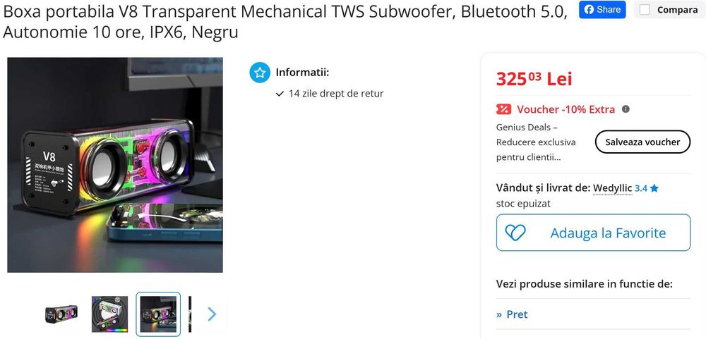 Boxa Bluetooth V8 Mechanical TWS Negru