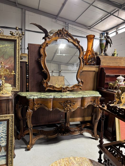 Consola din lemn masiv cu oglinda si blat marmura