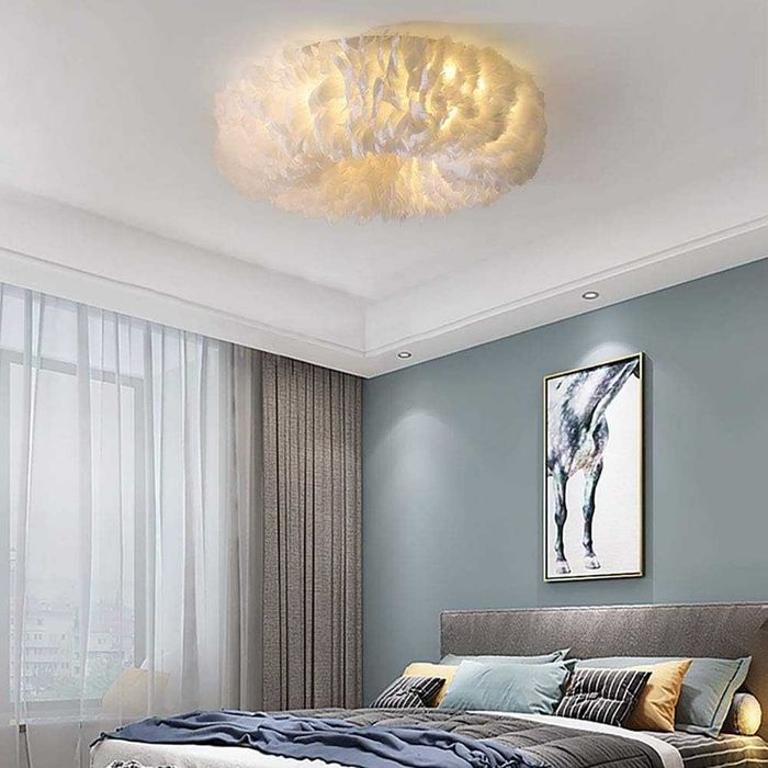 Полилей Таванна лампа Полилей с бяло перо, Модерни LED осветителни