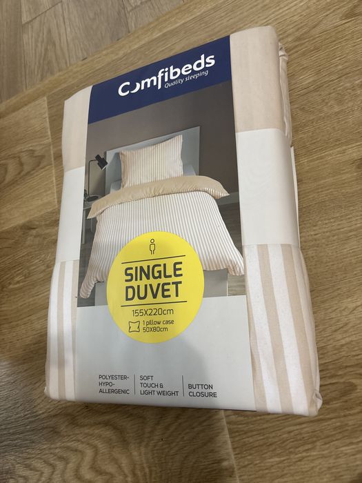 Set Lenjerie de Pat Comfibeds Single Duvet, Husa Pilotă 155x220 cm + 1 Față de Pernă 50x80 cm, Bej cu Dungi