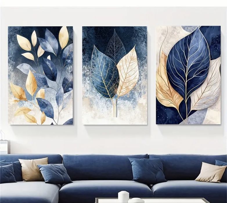 Картини с рамка 3 броя есенни листа синьо златно картина всекидневна
