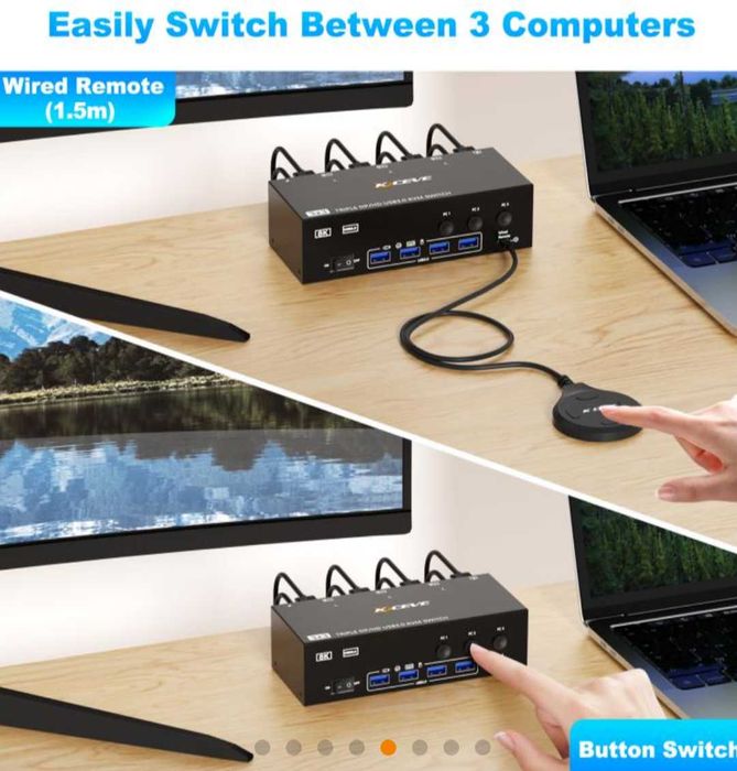 8K 60Hz KVM превключвател за 2 монитора и 3 компютъра Displayport и HDMI 4K 144Hz,KCEVE KVM302DH