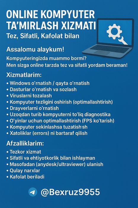 Online Kompyuter Ta’mirlash xizmati — Tez, Sifatli, Kafolat bilan