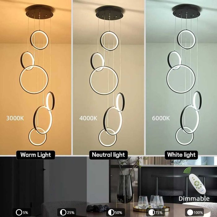 6-пръстенов кръг ринг модерен лед LED полилей за висок таван, димируем
