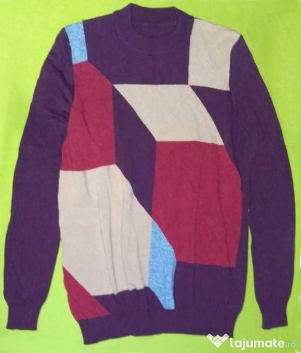 Pulover lana unisex NOU Benetton stil retro forme geometrice colorate