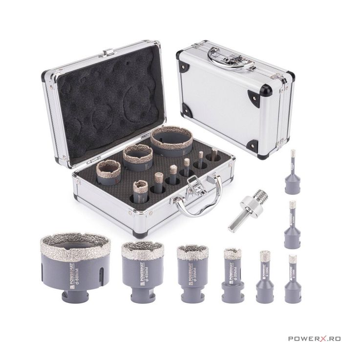 Set 9 piese freze diamantate si adaptor, M14/HEX, Powermat