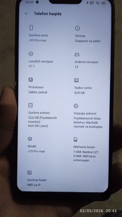 J15 Pro max telefoni sotiladi narxi 950   ming soʻm