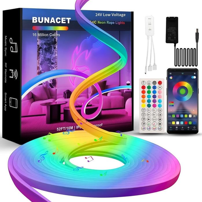 Bandă LED neon RGB+IC rezistentă la apă bandă de lumină flexibilă cu control prin aplicație – 16 m