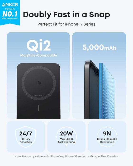 Anker Nano 5k MagGo Slim, 15W MagSafe Qi2, 5000mAh - външна батерия с вграденбезжичен пад