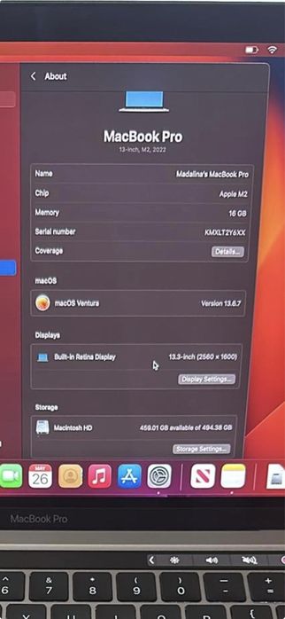 Laptop Apple Macbook Pro 2022 M2, 512 SSD, 16gb Ram, impecabil