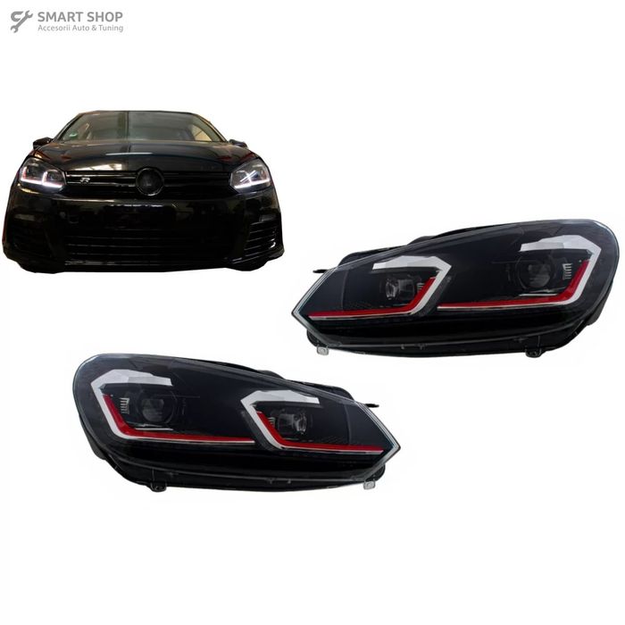 Faruri LED VW Golf 6 VI (2008-2013) Facelift G7.5 GTI Design Rosu Semn
