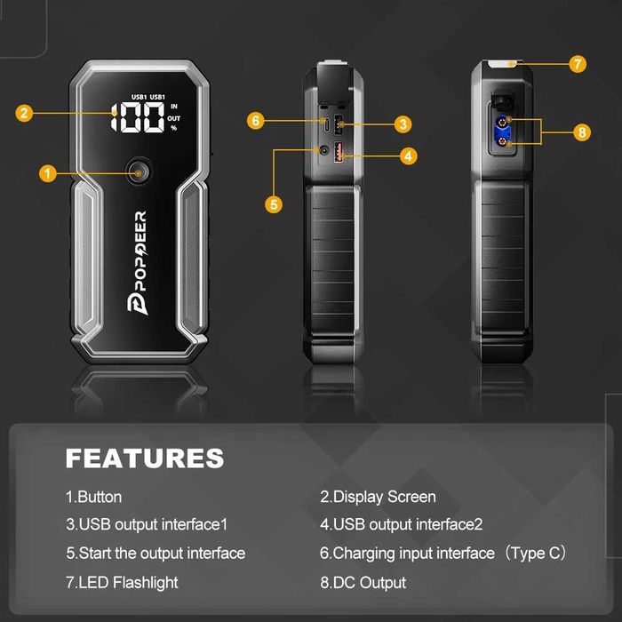 Авариен стартер за акумулатор за автомобили Popdeer 3000А 23800mAh НОВ