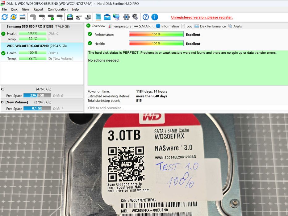 hdd WD Red 3TB (WD30EFRX) – SATA – 100% Health