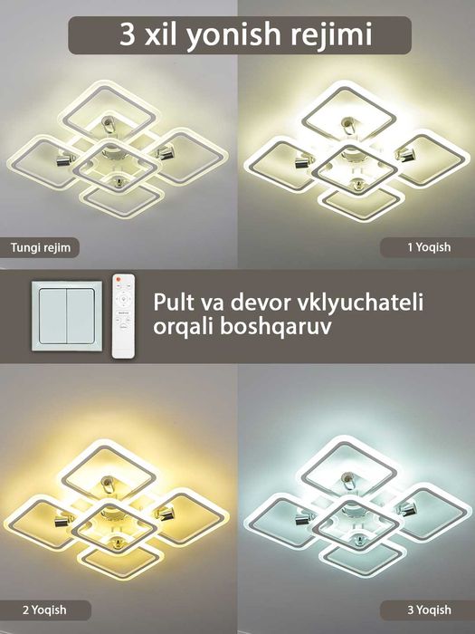 Lyustra LED musiqali, pultli, uy,zal,bolalar xonasi ofis uchun qandil.