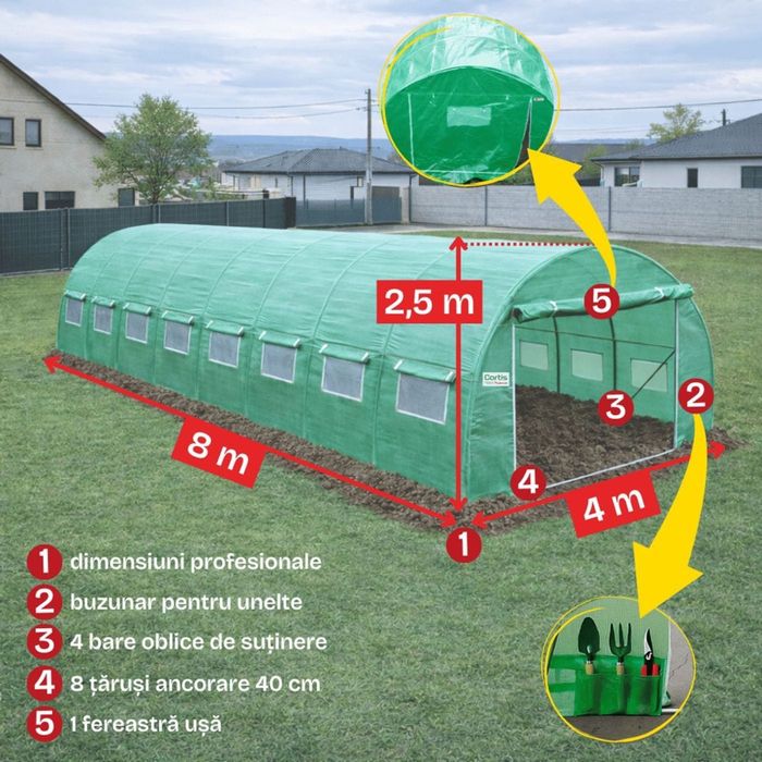 Solar grădină profesional Cortis 4x8 m, 240 g/mp, 2,5 m înălțime + Cadou Folie mulcire
