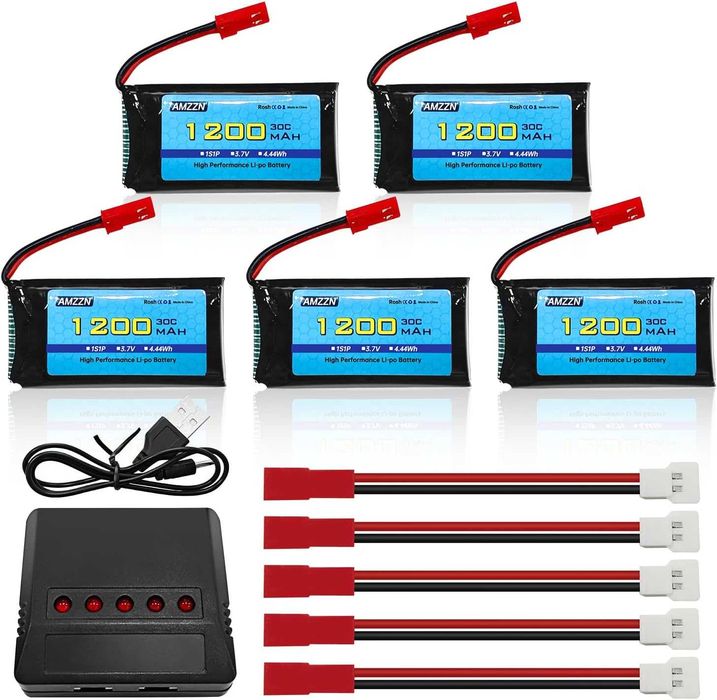Комплект от 5 броя 3.7V 1200mAh 30C Lipo батерии със зарядно устройство 5 в 1 JST щепсел за дрон