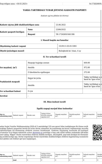 Продаётся земельный участок 6 соток.  М. Улугбек  район Чингелди