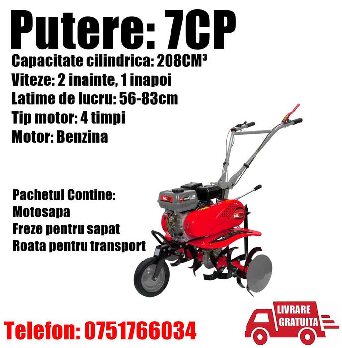 Motosapa Motocultor Sapa Benzina 7CP Latime de Lucru 56-83cm LivrGrat